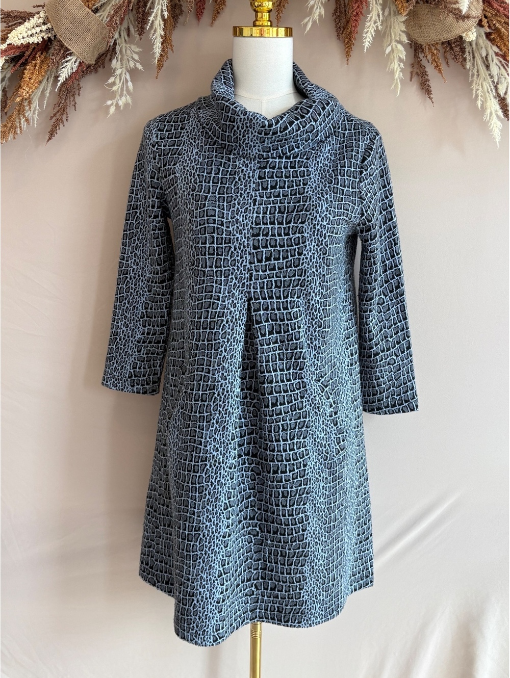 Tyler Boe XS Grey and Black Patterned Knit Dress with Funnel Neck and 3/4 Sleeve